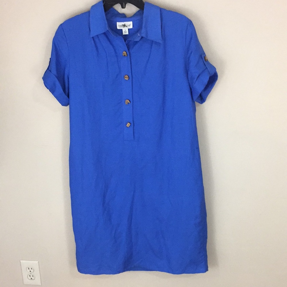 Coldwater Creek Blue Linen Blend Short Sleeve Dress with Animal Buttons 8